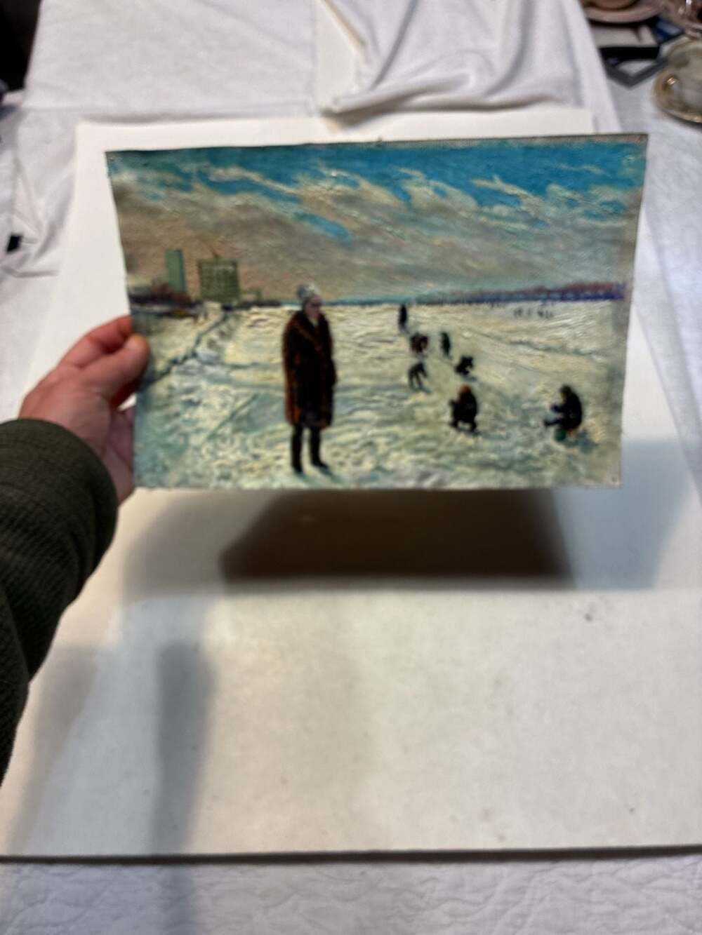 Original Impressionist Oil Painting Winter Landscape With Figures Skating